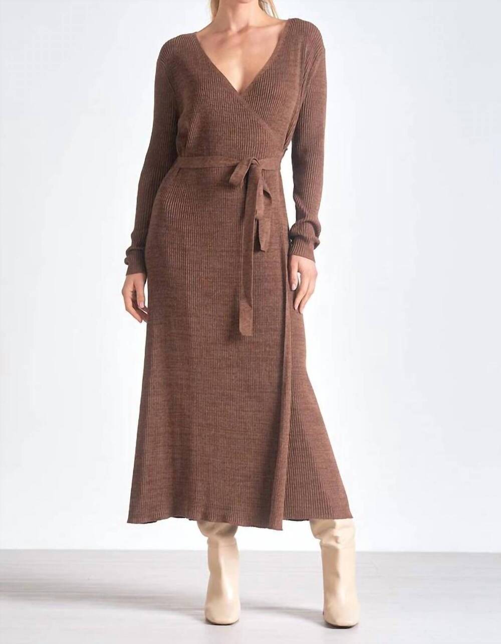 NEW ELAN sweater wrap dress in brown